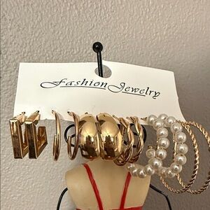 Gold and Pearl Hoop Earrings Set